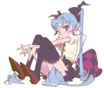  :t annoyed blouse blue_eyes blue_hair checkered checkered_pillow hair_ribbon hatsune_miku high_heels inhye long_hair looking_at_viewer pout puffy_cheeks ribbon sitting skirt solo thighhighs twintails v-shaped_eyebrows very_long_hair vocaloid world_is_mine_(vocaloid) zettai_ryouiki 