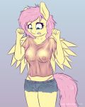  anthro anthrofied areola breasts clothed clothing equine erect_nipples feathered_wings feathers female fluttershy_(mlp) friendship_is_magic fur hair hi_res long_hair mammal my_little_pony navel nipples pegasus pink_hair shirt solo staggeredline standing teal_eyes translucent wet_shirt wings yellow_feathers yellow_fur 