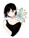  bangs black_hair blue_eyes breasts cleavage closed_mouth commentary_request earrings fingernails hand_up highres jewelry looking_at_viewer off-shoulder_shirt original shirt short_hair short_sleeves smile solo sonomura tareme upper_body 