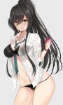  bangs between_breasts black_bra black_hair black_panties blush bra breasts closed_mouth collarbone collared_shirt condom condom_wrapper cowboy_shot dog_tags dress_shirt ero_waifu eyebrows_visible_through_hair floral_print green_neckwear grey_background groin hair_between_eyes high_ponytail holding holding_condom idolmaster idolmaster_shiny_colors lace lace-trimmed_bra lace-trimmed_panties long_hair long_sleeves looking_at_viewer loose_necktie medium_breasts navel necktie necktie_between_breasts open_clothes open_shirt panties ponytail print_bra print_panties see-through shiny shiny_hair shirase_sakuya shirt sidelocks sleeves_folded_up smile solo standing stomach sweat swept_bangs underwear white_shirt wing_collar wristband yellow_eyes 
