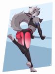  2018 4_toes 5_fingers akkla anthro arm_warmers armwear bedroom_eyes bending big_butt black_fur blue_eyes bubble_butt butt canine clothing collar colored_nails digital_media_(artwork) ear_piercing facial_piercing fluffy fluffy_tail fox from_behind_(disambiguation) fur furgonomics garter_belt garter_straps girly grey_fur grey_hair hair half-closed_eyes holding_(disambiguation) legwear long_ears looking_at_viewer male mammal multicolored_tail nails nose_piercing pants patto pawpads paws piercing raised_tail rubber seductive short_hair solo spots thick_thighs toes yoga yoga_pants 