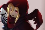  :d blonde_hair cloak commentary_request dated evileye fang gloves grey_background hair_between_eyes hair_strand holding holding_mask hood hood_up hooded_cloak looking_at_viewer mask mask_removed open_mouth overlord_(maruyama) purple_gloves red_cloak red_eyes signature smile solo tea_(nakenashi) upper_body vampire 
