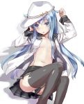  bangs black_legwear black_skirt blue_eyes blush breasts collarbone eyebrows_visible_through_hair flat_cap hair_between_eyes hat hibiki_(kantai_collection) kantai_collection long_hair long_sleeves looking_at_viewer navel no_bra open_clothes panties pleated_skirt shadow shirt silver_hair skirt small_breasts solo star tenrai thighhighs underwear verniy_(kantai_collection) white_background white_panties 