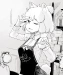 :3 absurdres alpaca_ears alpaca_suri_(kemono_friends) alpaca_tail alternate_costume animal_ears apron breast_pocket coffee coffee_beans collared_shirt commentary_request cup greyscale hair_over_one_eye hair_ribbon hare_(tetterutei) highres kemono_friends long_sleeves monochrome one-piece_tan open_mouth pocket ribbon shirt short_hair sidelocks solo steam tail tan tanline teacup tress_ribbon 