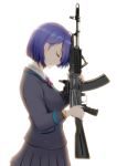 absurdres ak-74m assault_rifle black_jacket black_skirt blazer blue_hair breasts closed_eyes closed_mouth commentary_request from_side gun highres holding holding_gun holding_weapon jacket long_sleeves medium_breasts mole mole_under_eye neck_ribbon nijisanji pleated_skirt profile purple_neckwear purple_ribbon ribbon rifle school_uniform shiny shiny_hair shizuka_rin short_hair simple_background skirt solo suzuki-shi upper_body weapon white_background wing_collar 