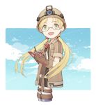  :d belt blonde_hair blue_sky book boots brown_gloves cloud coat cowboy_shot cropped_legs day from_side gloves green_eyes headlight helmet holding long_hair looking_at_viewer low_twintails made_in_abyss open_mouth pen riko_(made_in_abyss) short_shorts short_sleeves shorts sky smile solo standing twintails whistle whistle_around_neck writing yue_(kingdom1259) 