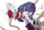  akaino_(akaomi) armpits bare_shoulders blue_skin blush bone detached_collar detached_sleeves eyelashes fingernails hair_over_one_eye highres leviathan_(skullgirls) long_sleeves music open_mouth outstretched_arm purple_hair red_eyes side_ponytail singing skeletal_arm skull skullgirls solo squigly_(skullgirls) striped tongue turtleneck upper_body wide_sleeves zombie 