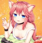  2018 ahoge animal_ear_fluff animal_ears bag_of_chips bangs bare_shoulders black_choker blush breasts cat_ears chips choker collarbone controller dated downblouse dualshock eyebrows eyebrows_visible_through_hair eyelashes eyes_visible_through_hair fingernails food game_controller gamepad hair_between_eyes hair_tie hinata_channel kurosaki_nana long_hair low_twintails nekomiya_hinata no_bra open_mouth orange_background palms pink_hair playstation_controller shirt sidelocks signature small_breasts solo spikes strap_slip tank_top twintails v-shaped_eyebrows very_long_hair virtual_youtuber white_shirt wristband 