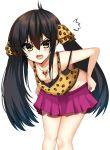  :d animal_print bangs bare_shoulders black_hair blush breasts brown_camisole brown_eyes camisole collarbone downblouse eyebrows_visible_through_hair groin hair_between_eyes hair_ribbon heart heart_necklace highres idolmaster idolmaster_cinderella_girls leaning_forward leopard_print long_hair matoba_risa open_mouth pink_skirt pleated_skirt print_camisole print_ribbon pulled_by_self ribbon ricroot simple_background skirt skirt_pull small_breasts smile solo twintails very_long_hair white_background 