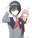  1boy 1girl black_hair blue_horns can't_be_this_cute commentary_request darling_in_the_franxx gloves hand_on_own_head hiro_(darling_in_the_franxx) horns long_hair military military_uniform necktie oni_horns pink_hair red_horns red_neckwear spoilers toma_(norishio) uniform white_gloves zero_two_(darling_in_the_franxx) 