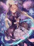  bangs black_dress blonde_hair bow double_bun dress frills green_eyes hair_ornament highres holding holding_stuffed_toy lolita_fashion long_hair looking_at_viewer luna_(shadowverse) moon night outdoors puffy_sleeves ribbon shadowverse shin_murasame skeleton smile solo stuffed_toy twintails very_long_hair yellow_eyes 