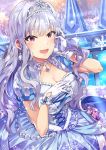  :d absurdres blue_dress breasts breath cleavage cross-laced_clothes crown dress earrings eyebrows_visible_through_hair gloves hair_intakes hand_up highres idolmaster idolmaster_(classic) idolmaster_million_live! idolmaster_million_live!_theater_days jewelry large_breasts lavender_hair light_particles looking_at_viewer necklace open_mouth pink_eyes pom_pom_earrings puffy_short_sleeves puffy_sleeves shijou_takane short_sleeves smile snowflakes solo tuxedo_de_cat upper_body white_gloves 