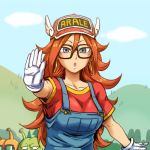  1girl 2boys alien android_21 artist_request breasts character_request cosplay crossover dr._slump dragon_ball dragon_ball_fighterz earrings fangs glasses large_breasts long_hair looking_at_viewer multiple_boys norimaki_arale 