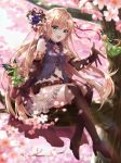  :d arisa_(shadowverse) belt belt_pouch brown_footwear brown_legwear butterfly_wings cherry_blossoms day dress elbow_gloves fairy flower gloves green_dress green_eyes hair_flower hair_ornament hair_ribbon high_heels highres in_tree kneehighs long_hair multiple_girls nazuna_shizuku open_mouth outdoors pointy_ears pouch red_legwear red_ribbon ribbon shadowverse sitting sitting_in_tree skirt smile tree very_long_hair white_skirt wings 