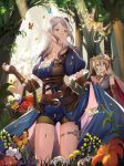  :d ahoge apple arisa_(shadowverse) basket belt blue_eyes breasts brown_eyes brown_gloves bug butterfly cleavage fairy fingerless_gloves flower food forest fruit gloves head_wreath highres insect losaria_(shadowverse) medium_breasts multiple_girls nature navel open_mouth pointy_ears shadowverse shorts silver_hair skirt_hold smile standing sunlight thigh_strap tree yijiao 