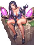  :d bad_leg black_hair blue_eyes breasts cleavage cliff facial_mark gauntlets highres kai'sa league_of_legends long_hair mechanical_arms mechanical_foot medium_breasts multicolored_hair open_mouth purple_hair sitting smile solo tattoo turna98 two-tone_hair 