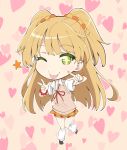  1girl :p akino_sora blonde_hair brown_vest chibi eyebrows_visible_through_hair full_body green_eyes hair_ornament hair_scrunchie hands_up heart heart_background highres idolmaster idolmaster_cinderella_girls jougasaki_rika leg_warmers long_hair looking_at_viewer neck_ribbon one_eye_closed orange_skirt red_neckwear red_ribbon ribbon scrunchie short_sleeves skirt smile solo standing standing_on_one_leg star thigh_gap tongue tongue_out two_side_up unmoving_pattern vest w wristband 