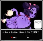  6_arms anthro anus arachnid arthropod black_hair blush butt clothing fangs female grin hair hair_bow hair_ribbon hi_res humanoid looking_at_viewer looking_back muffet multi_arm multi_eye multi_limb pigtails presenting pussy pussy_juice rear_view rektum ribbons simple_background smile solo spider spread_anus spread_butt spreading sweat undertale video_games waru-geli 