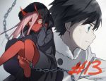  1girl black_hair blue_eyes commentary_request crying crying_with_eyes_open darling_in_the_franxx green_eyes hiro_(darling_in_the_franxx) horns long_hair pink_hair red_skin signature tears toma_(norishio) zero_two_(darling_in_the_franxx) 