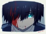  black_hair blood blood_on_face bloody_clothes blue_eyes commentary_request darling_in_the_franxx hair_over_one_eye hiro_(darling_in_the_franxx) male_focus solo tears toma_(norishio) uniform 