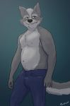  2017 anthro belly black_nose bulge cael_o&#039;donnell canine clothed clothing fangs frostclaw fur gradient_background grey_fur invalid_tag jeans looking_at_viewer male mammal navel pants simple_background slightly_chubby smile star_fox_the_animated_series topless watermark wolf yellow_eyes 