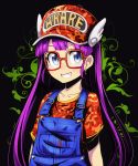  bangs baseball_cap black_background blue_eyes blush camouflage clothes_writing collarbone denim dr._slump earrings glasses grin hat highres jewelry long_hair norimaki_arale overalls purple_hair red-framed_eyewear red_hat red_shirt shirt short_sleeves smile solo star star_earrings t-shirt teeth tom_(drpow) upper_body very_long_hair white_wings winged_hat wings 
