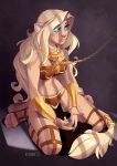  2018 4_toes 5_fingers anthro blonde_hair blue_eyes breasts cat chain clothed clothing collar feline female fur hair kneeling kyander mammal midriff navel pink_nose simple_background solo tan_fur toes 