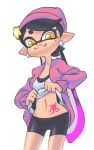  3d_rod! :3 aori_(splatoon) beanie bike_shorts earrings hair_ornament hat highres jacket jewelry lifted_by_self looking_at_viewer navel pink_jacket pointy_ears purple_hair shirt_lift smile solo splatoon_(series) splatoon_2 stomach stomach_tattoo symbol-shaped_pupils tattoo yellow_eyes 