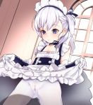  age_regression apron azur_lane belchan_(azur_lane) belfast_(azur_lane) blue_eyes cameltoe commentary_request frilled_apron frills maid_apron maid_headdress nikke_(cherish) pantyhose silver_hair skirt skirt_lift solo white_apron white_legwear younger 