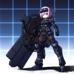  adapted_costume armor armored_boots artist_name belt black_armor black_belt black_bodysuit black_gloves black_legwear blue_background bodystocking bodysuit bodysuit_under_clothes boots breastplate breasts cable check_commentary clenched_hand closed_mouth commentary commentary_request covered_navel fate/grand_order fate_(series) faulds frown full_body gloves glowing gorget gradient gradient_background greaves grid grid_background hair_over_one_eye high_heel_boots high_heels highres hips holding holding_shield langbazi lavender_hair legs_apart long_sleeves looking_at_viewer mash_kyrielight medium_breasts ortenaus pauldrons purple_eyes purple_hair shadow shield short_hair shoulder_armor signature solo spaulders standing thighhighs vambraces vr_visor white_background 