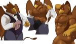  2018 avian barazoku beak blush bulge butt clothing cold_sweat collage gryphon hand_over_head kemono male muscular pose sheeporwolf simple_background solo suit uniform white_background 