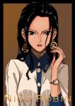  absurdres black_border black_hair blue_eyes border breasts chanel character_name collared_shirt earrings face fashion fingernails gold_earrings highres jewelry large_breasts lips lipstick long_fingernails long_hair makeup necklace nico_robin one_piece sherumaru_(korcht06) shirt simple_background solo watch wristwatch 