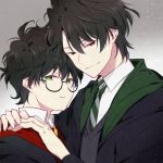  2boys brown_hair glasses green_eyes harry_james_potter harry_potter male male_focus multiple_boys red_eyes shirt tom_marvolo_riddle yaoi 