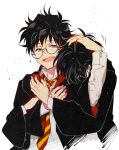  2boys black_hair brown_hair glasses grin harry_potter james_potter male male_focus multiple_boys school_uniform short_hair sirius_black smile 