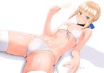  3: artoria_pendragon_(all) ass_visible_through_thighs bikini blonde_hair breasts closed_mouth commentary_request dutch_angle eyebrows_visible_through_hair fate_(series) food food_on_body front-tie_bikini front-tie_top green_eyes hair_ribbon looking_at_viewer lying nanahime navel on_back popsicle ribbon saber short_hair side-tie_bikini simple_background skindentation small_breasts solo swimsuit thighhighs white_background white_legwear 