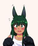  1girl :d alternate_costume anubis_(monster_girl_encyclopedia) blush choker commentary commission dark_green_hair dress embarrassed english_commentary eyebrows_visible_through_hair flying_sweatdrops green_eyes green_hair hands_up highres ignacio_penailillo looking_at_viewer monster_girl monster_girl_encyclopedia open_mouth paws simple_background smile solo sweatdrop upper_body white_dress yellow_background 