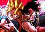  2boys angry armor artist_request bardock battle blonde_hair dragon_ball dragonball_z energy father_and_son fighting multiple_boys muscle son_gokuu super_saiyan 