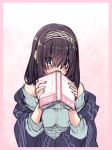  akino_sora blue_eyes blue_sweater blush book border brown_hair embarrassed eyes_visible_through_hair hair_over_eyes hairband highres holding holding_book idolmaster idolmaster_cinderella_girls long_sleeves looking_at_viewer off_shoulder open_book pink_background pink_border ribbed_sweater sagisawa_fumika sketch solo sweater upper_body 