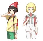  2boys backpack bangs black_hair blonde_hair genderswap genderswap_(ftm) green_eyes grin hat lillie_(pokemon) male male_focus mizuki_(pokemon_sm) multiple_boys pants pokemon shirt smile 