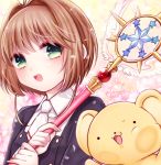  2018 :d antenna_hair bangs black_jacket blush brown_hair buttons cardcaptor_sakura cherry_blossoms collared_shirt dated eyebrows eyebrows_visible_through_hair fingernails green_eyes hair_intakes holding holding_wand jacket kero kinomoto_sakura kurosaki_nana lips necktie open_mouth petals pink_lips shirt short_hair short_necktie signature smile star teeth tomoeda_middle_school_uniform tongue upper_body wand white_neckwear white_shirt yume_no_tsue 