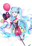  39 :d absurdres ahoge balloon bangs bare_shoulders black_legwear blue_bow blue_eyes blue_skirt blush bow commentary_request detached_sleeves eyebrows_visible_through_hair hair_between_eyes hair_bow hair_ornament hatsune_miku highres holding long_hair long_sleeves looking_at_viewer magical_mirai_(vocaloid) megaphone open_mouth over-kneehighs pink_bow puffy_long_sleeves puffy_sleeves reel37891 shirt skirt sleeveless sleeveless_shirt sleeves_past_wrists smile solo thighhighs upper_teeth very_long_hair vocaloid white_bow white_shirt yellow_bow 