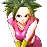  1girl artist_request black_eyes black_hair character_name dragon_ball dragon_ball_super earrings female jewelry kefla looking_at_viewer ponytail potara_earrings shiny simple_background smile solo spiked_hair 