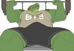  2018 alligator barazoku barbell blush bulge crocodilian free_weight kemono male muscular reptile scalie sheeporwolf simple_background solo steam sweat weights white_background 