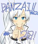  blue_eyes commentary_request earrings hiroya_juuren jewelry long_hair pointing pointing_at_self ponytail rwby scar scar_across_eye smile solo translation_request weiss_schnee white_hair 