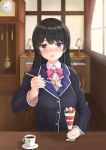  bangs black_hair black_jacket blazer blue_eyes blurry blurry_background blush bow bowtie clock coffee collared_shirt commentary_request cup curtains grandfather_clock hair_ornament half_updo highres holding holding_spoon indoors irise jacket lamp light_frown long_hair long_sleeves looking_at_viewer nijisanji nose_blush parfait parted_lips pink_neckwear plaid pov_across_table school_uniform shirt sitting solo spoon table teacup tsukino_mito upper_body virtual_youtuber window 
