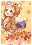  :d animal_ears animal_hood backpack bag bangs blonde_hair blush boots bow brown_eyes brown_footwear brown_hoodie commentary_request fur-trimmed_boots fur_trim highres hood hood_up ichihara_nina idolmaster idolmaster_cinderella_girls knee_boots layered_skirt long_hair looking_at_viewer looking_back open_mouth pink_bow plaid plaid_skirt regular_mow skirt smile solo standing standing_on_one_leg star very_long_hair yellow_skirt 