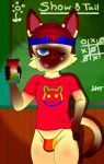  anthro beverage blue_eyes bulge cat chalkboard classroom clothing cute feline fur happy headband hi_res liam looking_at_viewer male mammal multicolored_fur one_eye_closed rpg-kitty school shiny_fur shirt siamese smile solo spotlight standing thong wink young 