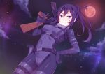  ak-47 assault_rifle belt belt_pouch blush bodysuit breasts cloud cowboy_shot facial_mark full_moon gun hand_on_hip hand_up holding holding_gun holding_weapon long_hair looking_at_viewer medium_breasts mmrailgun moon night night_sky outdoors parted_lips pitohui_(sao) ponytail pouch purple_bodysuit purple_eyes purple_hair red_moon rifle sidelocks skin_tight sky smile solo standing sword_art_online sword_art_online_alternative:_gun_gale_online thigh_strap trigger_discipline weapon 