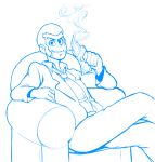  armchair arsene_lupin_iii blue chair cigarette crossed_legs drawfag fire flame formal grin highres lineart looking_at_viewer lupin_iii male_focus money monochrome necktie sideburns sitting smile smoke solo suit 