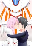  1girl black_hair closed_eyes commentary_request couple darling_in_the_franxx highres hiro_(darling_in_the_franxx) horns hug kiss long_hair pilot_suit pink_hair socr4tes2525 strelizia zero_two_(darling_in_the_franxx) 